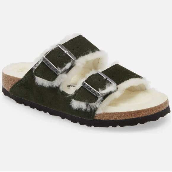NEW  Birkenstock Arizona Shearling Sandal Suede Lambswool Mountain View Green - Picture 5 of 16